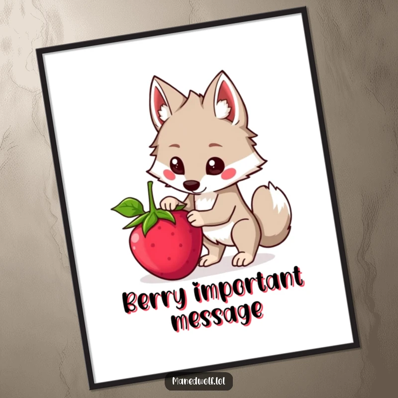 Funny Kawaii Maned Wolf Poster illustrating a cute wolf trying to balance a large berry, bringing humorous determination to your decor.