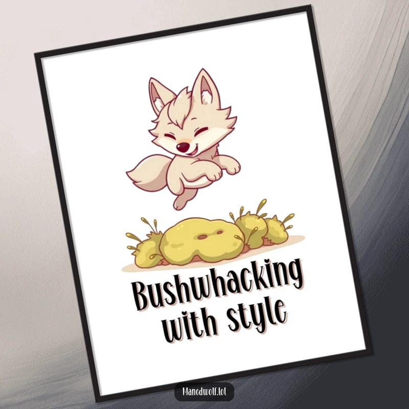 Funny poster art: a kawaii maned wolf playfully leaping over a small bush, capturing dynamic cuteness.