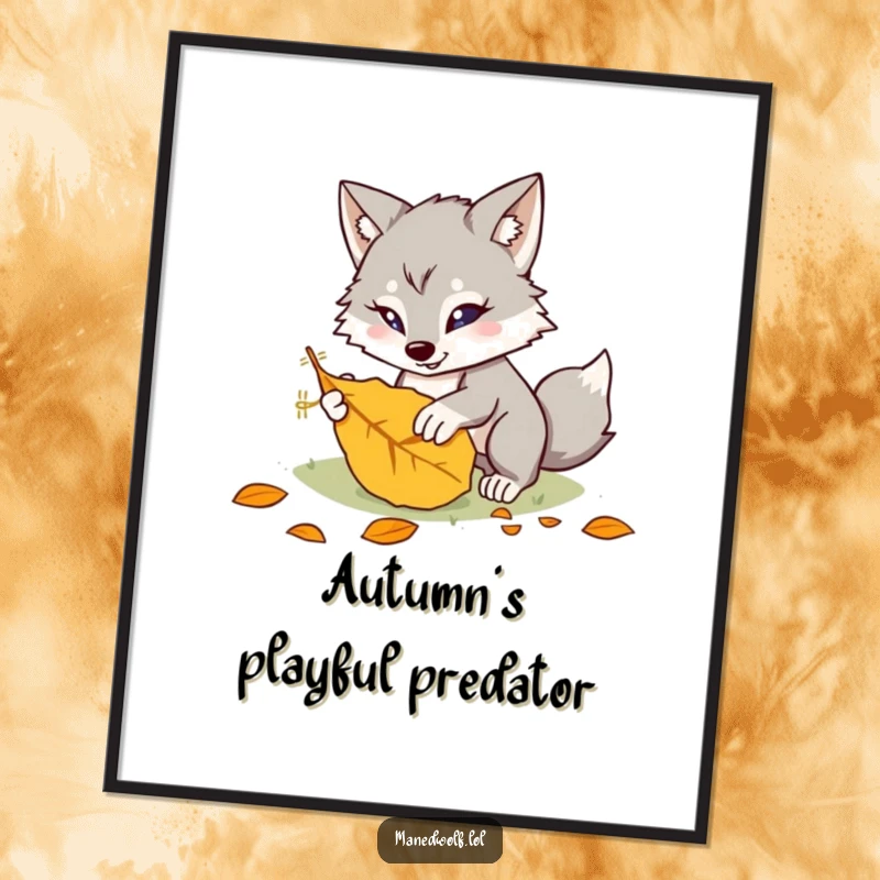 Funny kawaii maned wolf poster showing a cute creature playfully pouncing on a leaf, adding a humorous and dynamic touch to wall art.