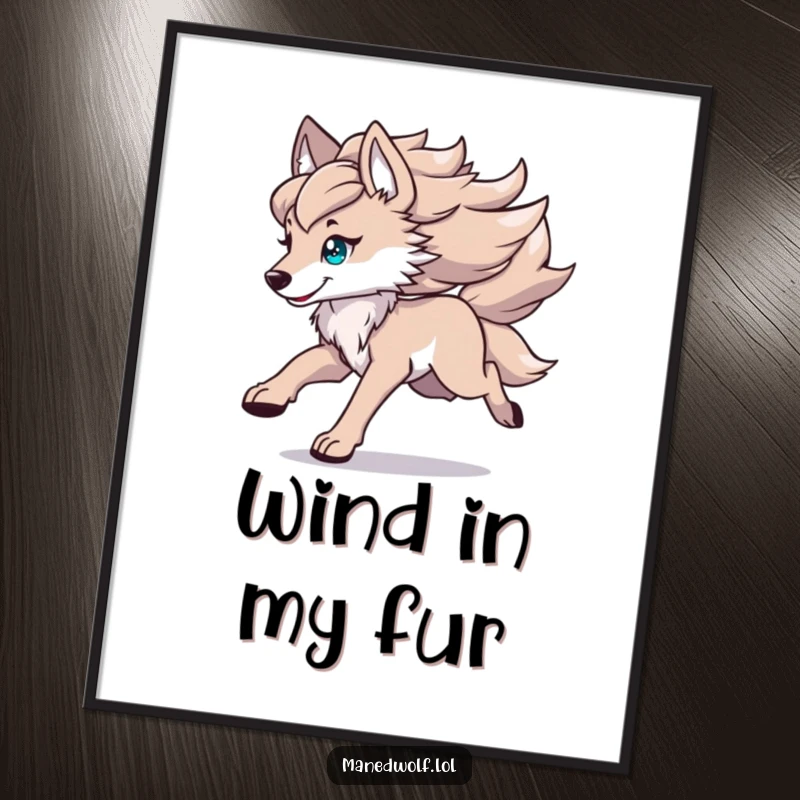Funny kawaii maned wolf poster of a cute wolf running with its mane flowing, perfect for energetic and humorous wall art.