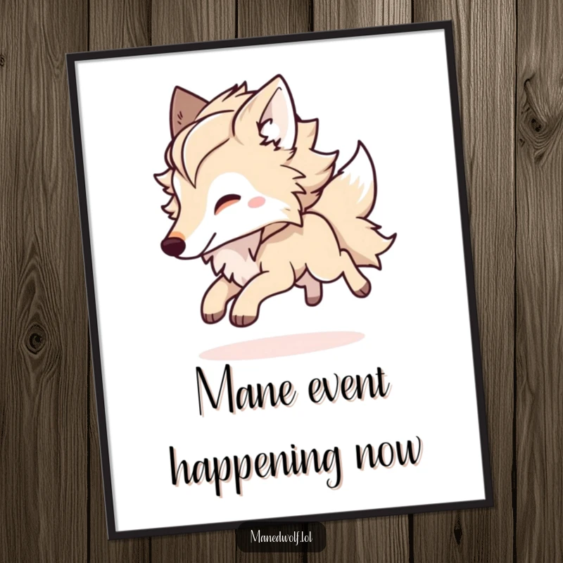 Funny Kawaii Maned Wolf Poster illustrating a fluffy-maned wolf bounding joyfully, bringing energetic and playful vibes to your decor.