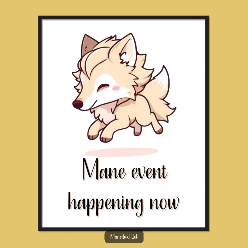 Funny Kawaii Maned Wolf Poster, Playful Bounding Wolf Wall Art, Joyful Gift Decor