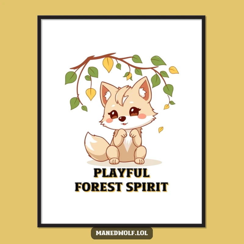 Funny Kawaii Maned Wolf Poster: Playful Leaf Batting Art for Whimsical Decor