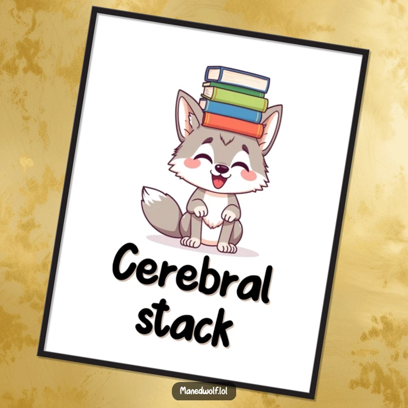 Funny Maned wolf struggling to balance a tower of books on its head, depicted in a humorous poster print.