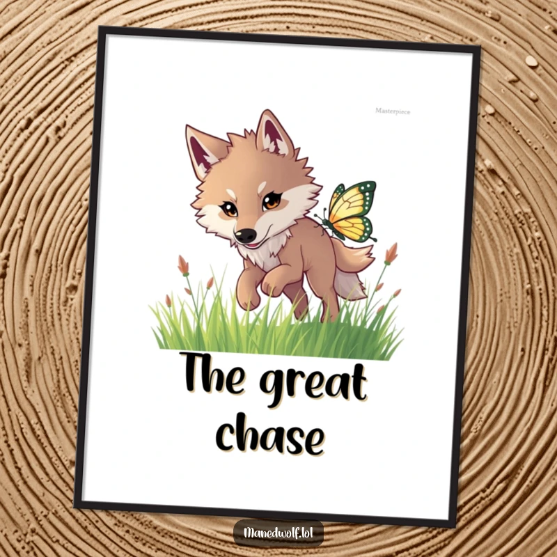 Funny maned wolf poster illustrating an energetic wolf leaping through tall grass after a beautiful, iridescent butterfly.