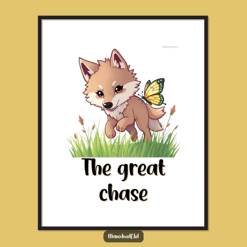 Funny Maned Wolf Butterfly Chase Poster: Whimsical Art for Walls!