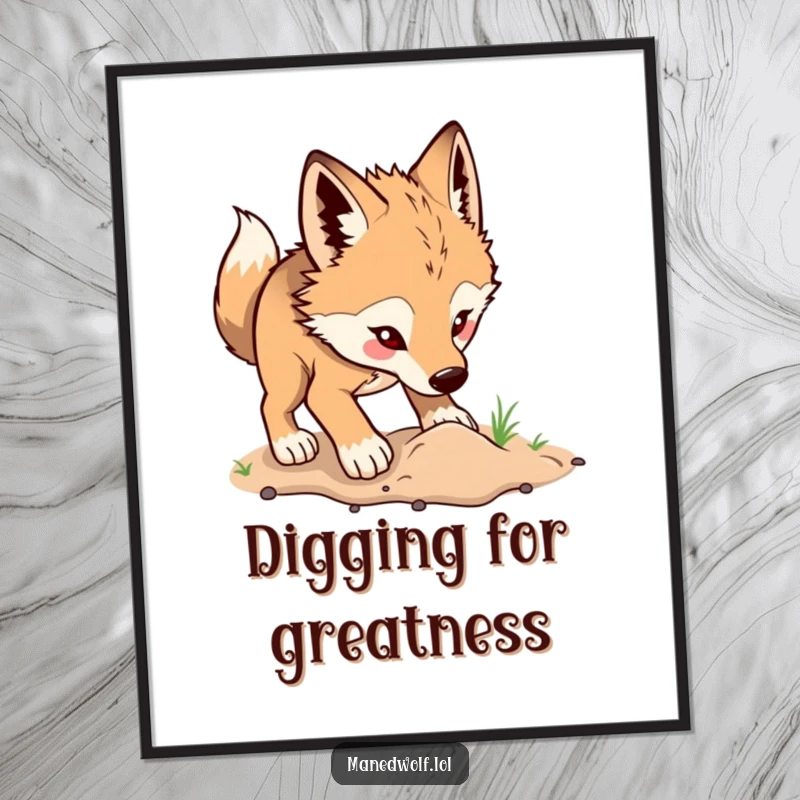 Funny maned wolf poster showing a wolf's joyful digging spree, bringing energetic humor and vibrant life to any wall.