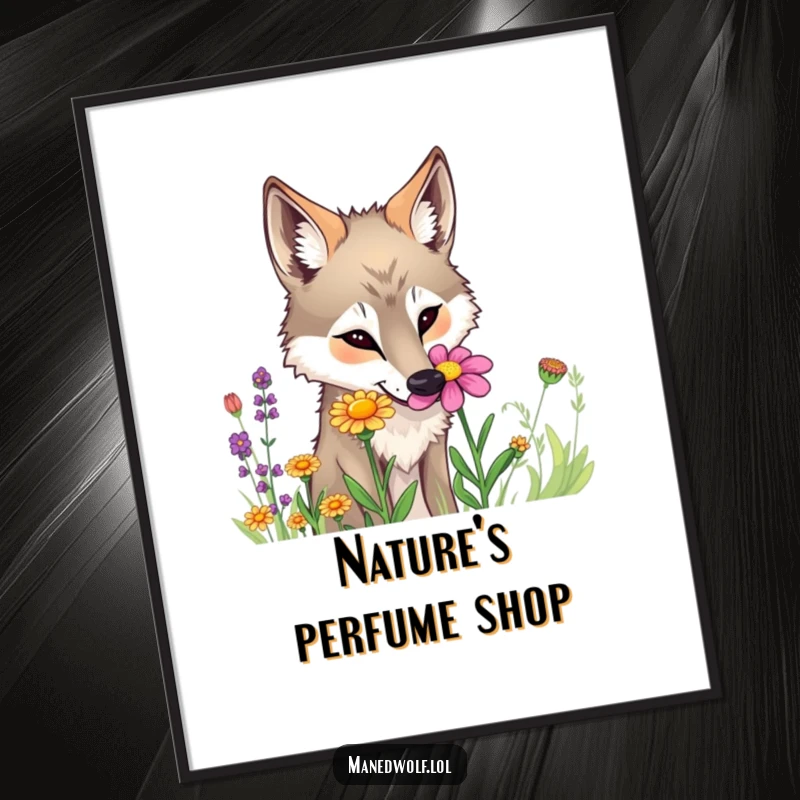 Funny maned wolf poster featuring a curious wolf intently sniffing a colorful wildflower.