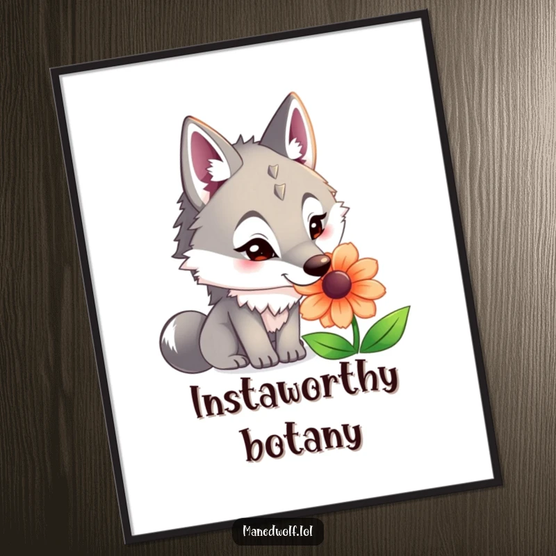 Funny maned wolf poster depicting a curious wolf with large ears leaning in to sniff a beautiful, detailed flower.