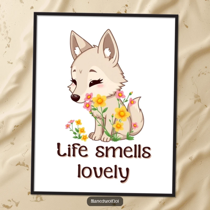 Funny maned wolf poster of a character delightedly sniffing a lush bouquet of wildflowers, evoking peaceful enjoyment.