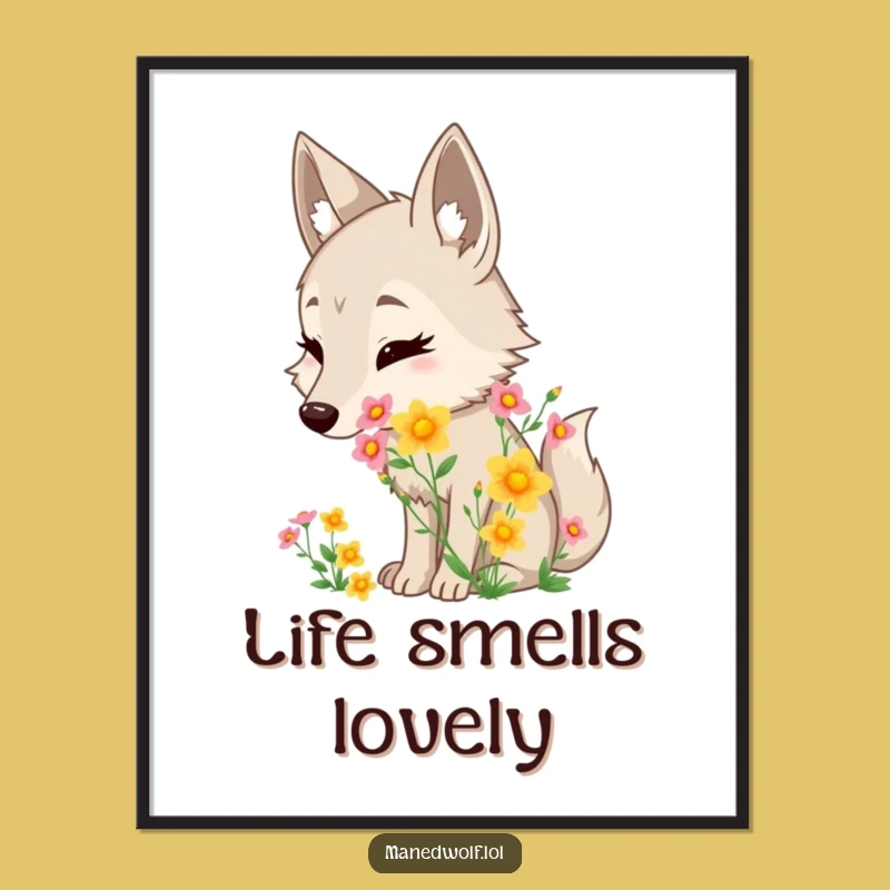 Funny Maned Wolf Flower Sniffing Poster: Bring Nature's Joy Home