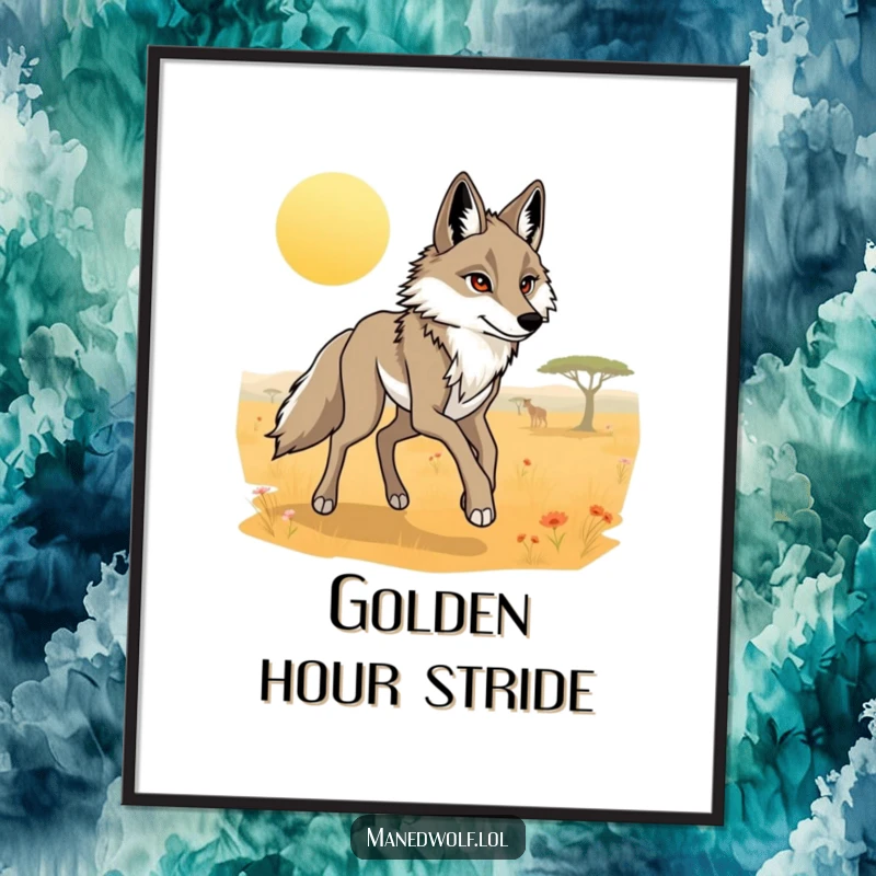 Funny maned wolf poster depicting a long-legged wolf trotting gracefully through a vibrant, sunlit savanna.