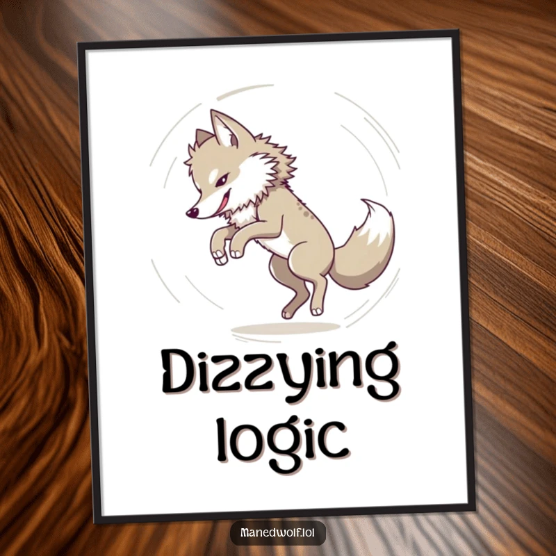 Funny Maned wolf caught in a dizzying tail-chasing spiral, depicted in a humorous poster print showing playful abandon.