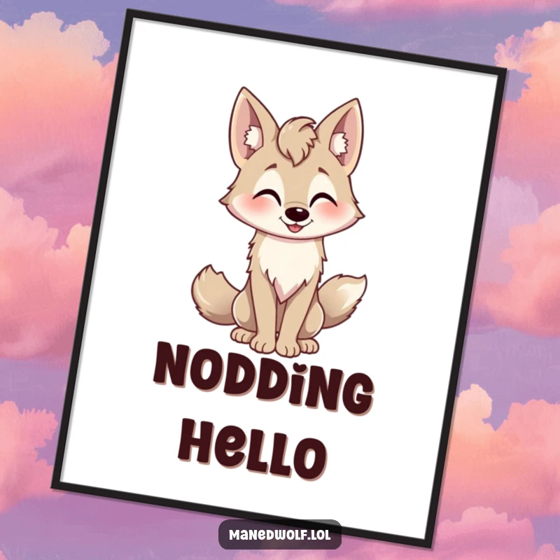 Funny playful maned wolf poster, tail wagging, friendly nod, cheerful art for a welcoming home.