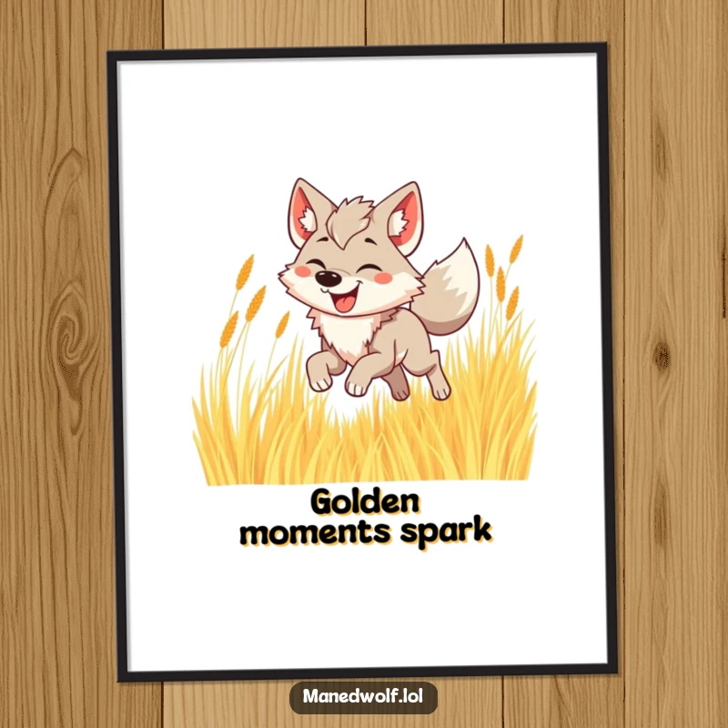 Funny maned wolf poster featuring a joyful wolf bounding with a wide smile through tall, golden grass.