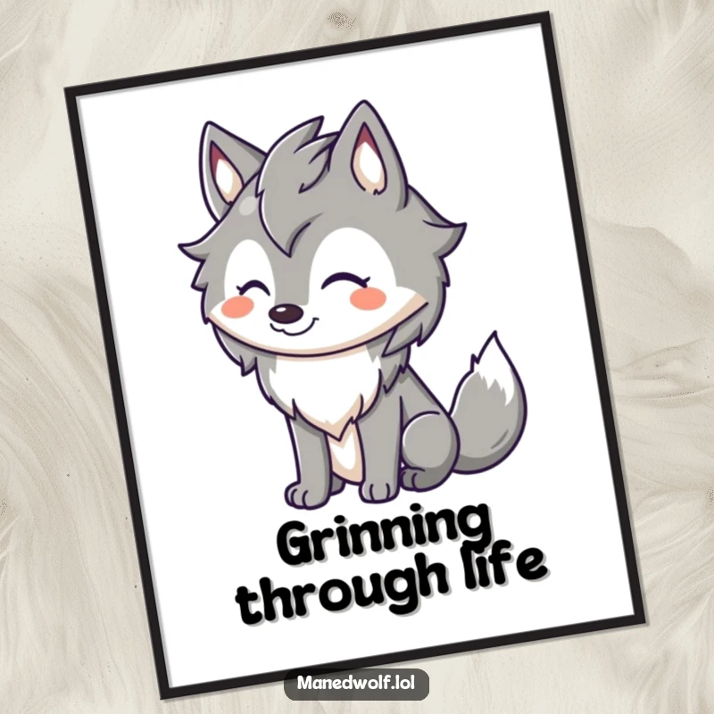 Funny maned wolf poster depicting a cute character with a wide happy grin and a wagging tail, embodying pure, unadulterated joy.