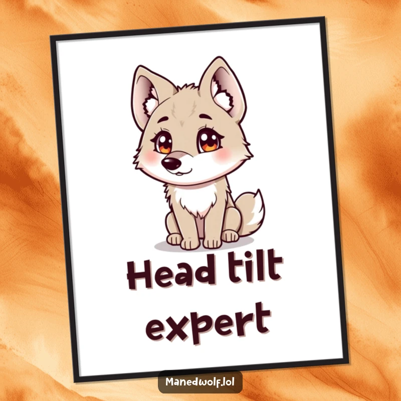 Funny maned wolf poster depicting a curious maned wolf with fluffy ears tilting its head.