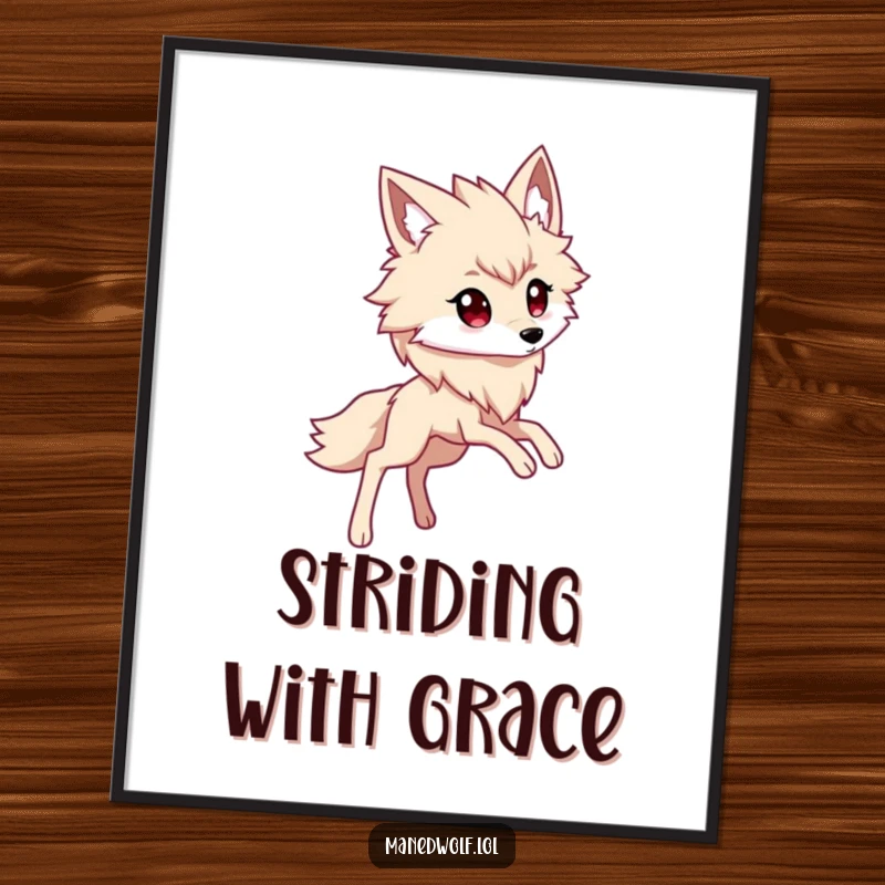 Funny kawaii maned wolf poster featuring a cute character with long legs in an elegant, extended stride.