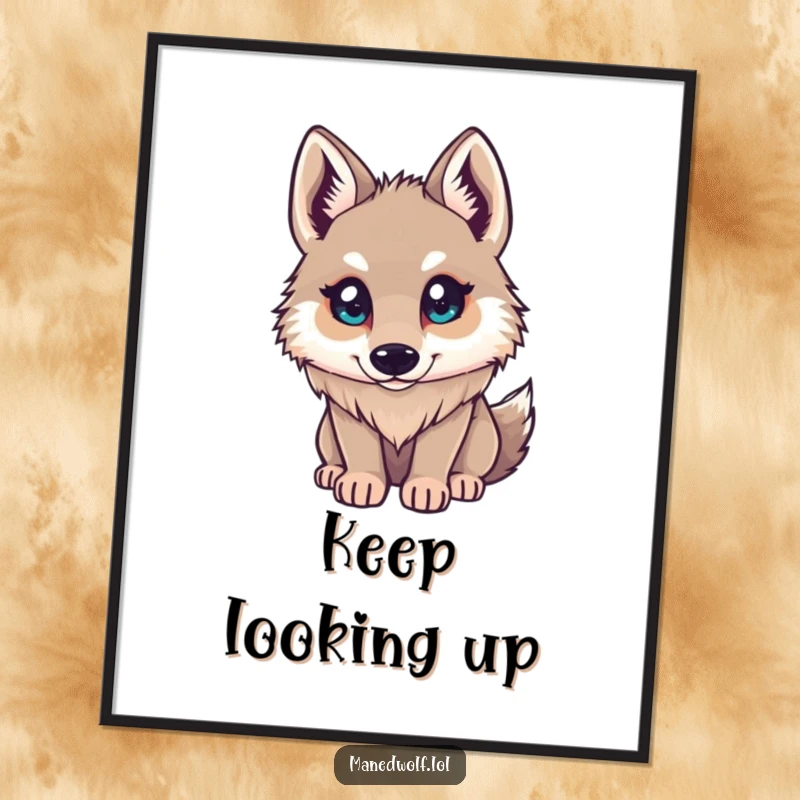 Funny Maned Wolf Poster: Small character looking up with bright, curious eyes, symbolizing innocence and inquisitiveness, perfect wall art.