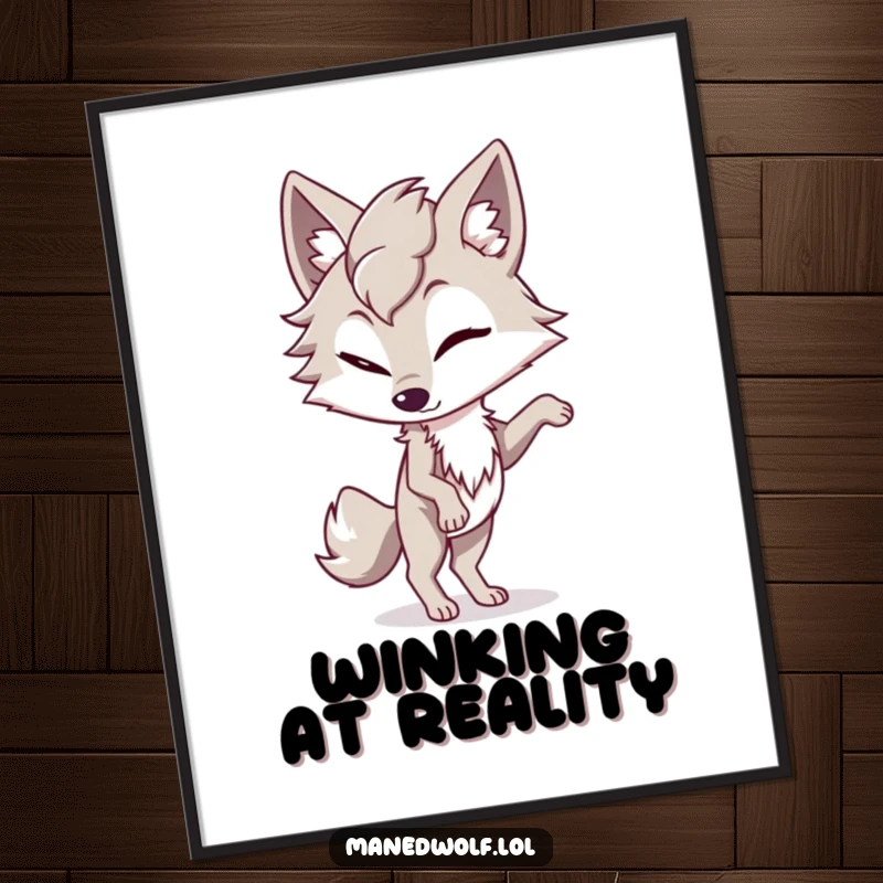 Funny maned wolf poster capturing a character winking playfully while balancing on one paw, embodying cheeky charm and skill.