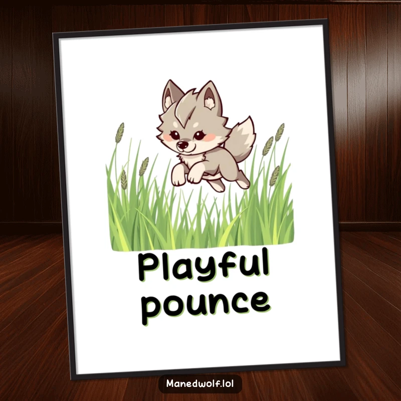 Funny Kawaii Maned Wolf Poster: A cute maned wolf leaping playfully through tall grass, bringing whimsical humor to walls.