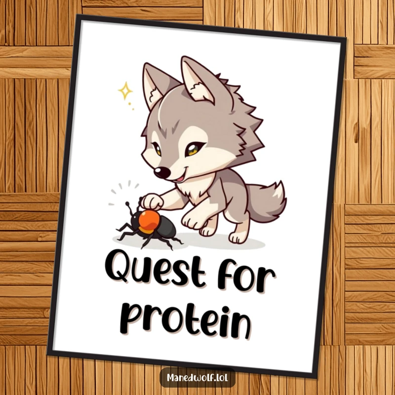 Funny poster art showing a maned wolf with a playful spark in its eyes, actively chasing a beetle with enthusiasm.