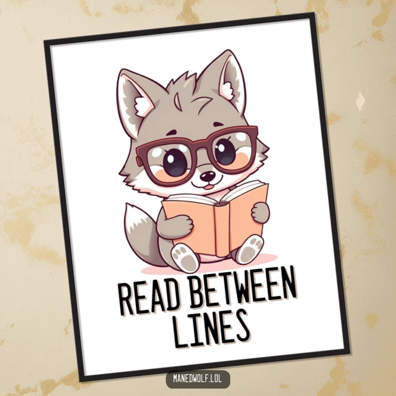 Funny, cute poster of a kawaii maned wolf with large glasses reading a miniature book, perfect for study spaces.