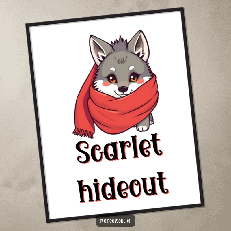 Funny Maned wolf peeking from behind a large red scarf, depicted in a humorous poster print radiating shy charm.