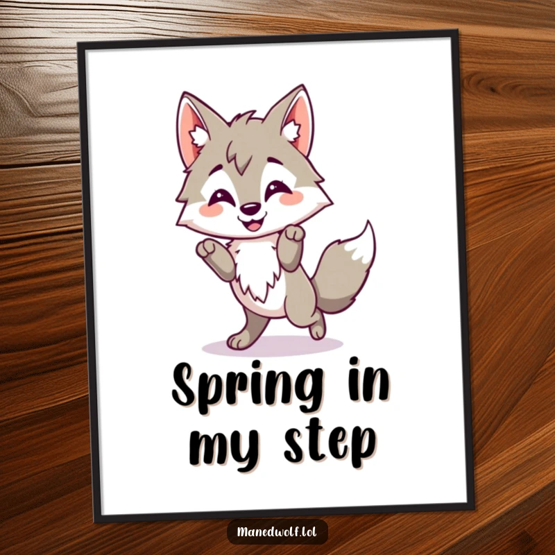 Funny Kawaii Maned Wolf Poster illustrating a cute wolf doing a happy little hop, bringing cheerful and uplifting vibes.