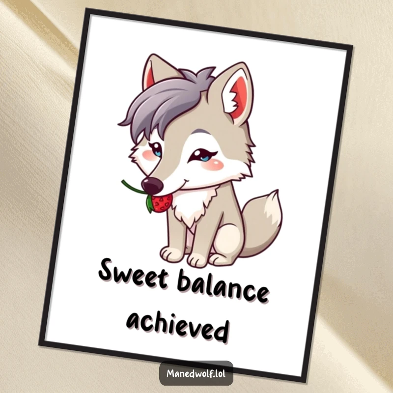 Funny poster print of a kawaii maned wolf concentrating on balancing a berry on its long snout, radiating cute charm.