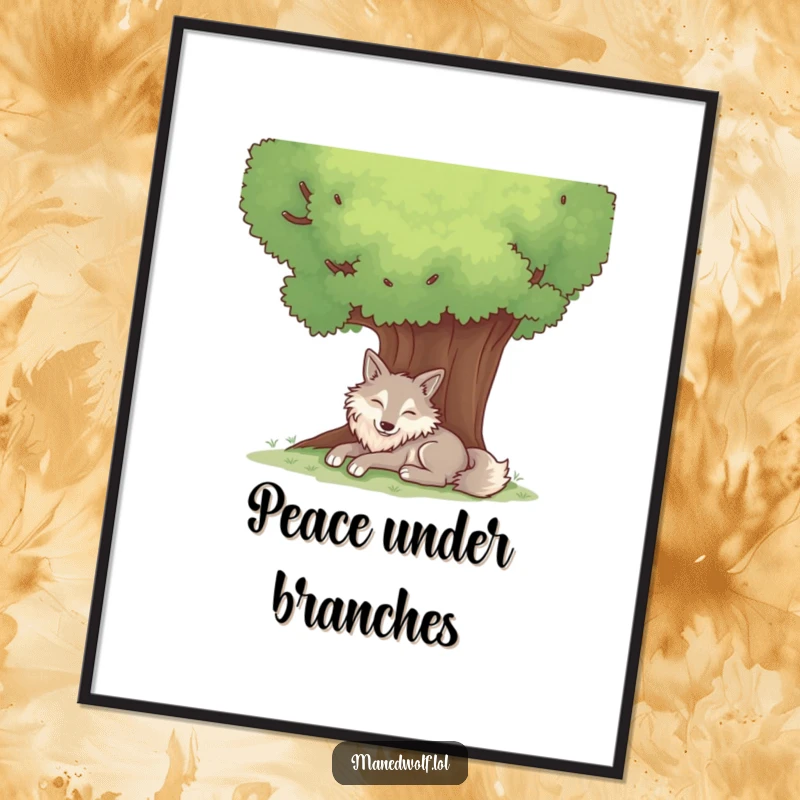 Funny poster depicting a contented maned wolf resting peacefully in the shade of a large, beautiful tree.