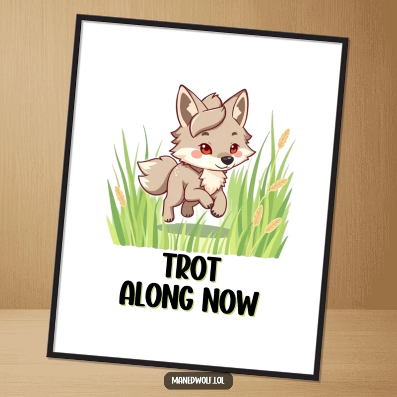 Funny Maned Wolf Poster: Character happily trotting through tall grass, symbolizing joy, freedom and exploration, perfect wall art.