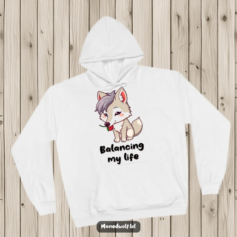 Funny hoodie depicting a kawaii maned wolf carefully balancing a berry on its long snout, offering warmth and cute charm.