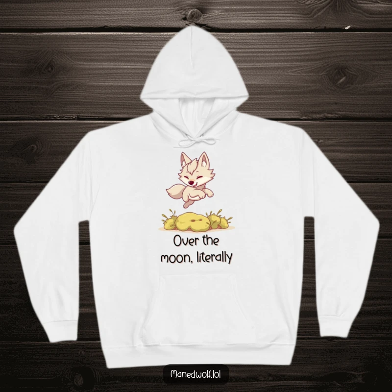 Funny hoodie print: a kawaii maned wolf playfully leaping over a small bush, capturing energetic cuteness.