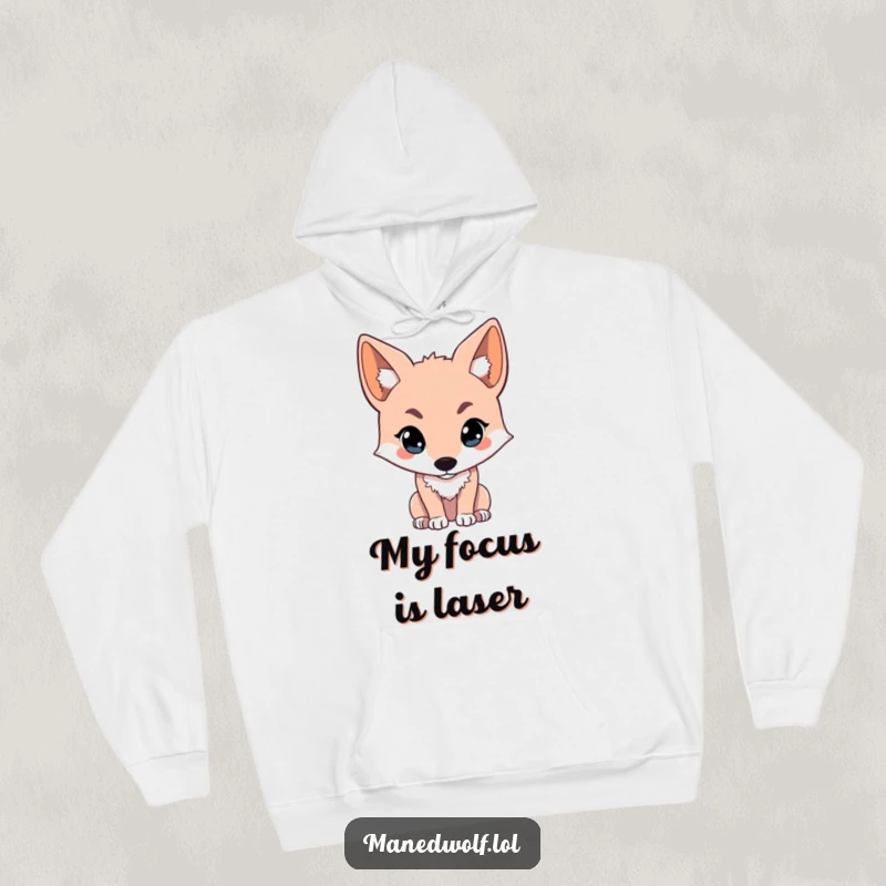 Funny kawaii maned wolf hoodie showing a cute wolf looking intently off-screen, perfect for warmth and adding a touch of mystery.