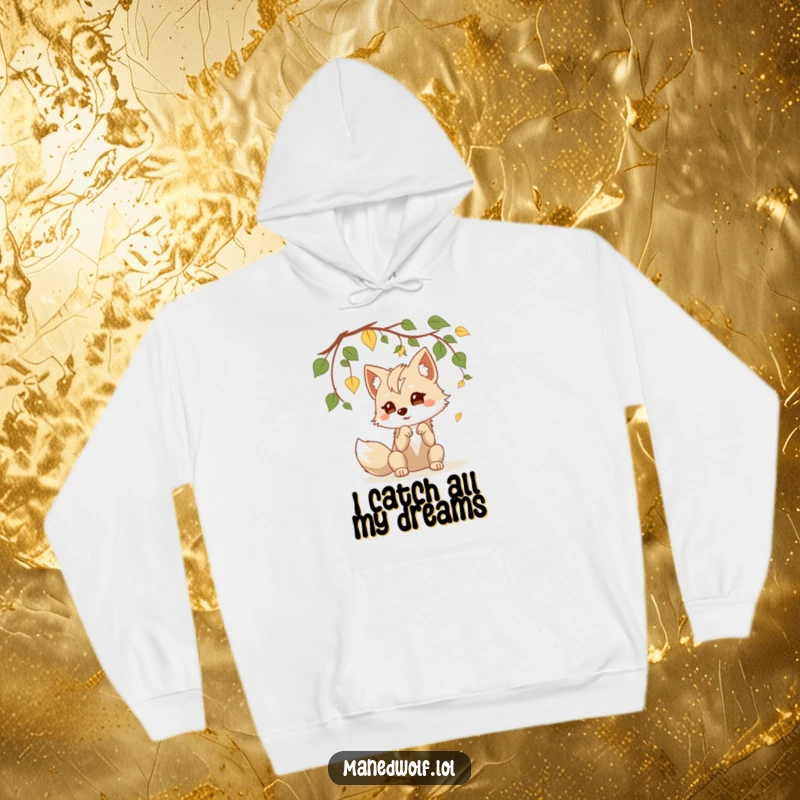 Funny kawaii maned wolf hoodie showing a cute wolf playfully batting at leaves, perfect for staying warm and looking stylish.
