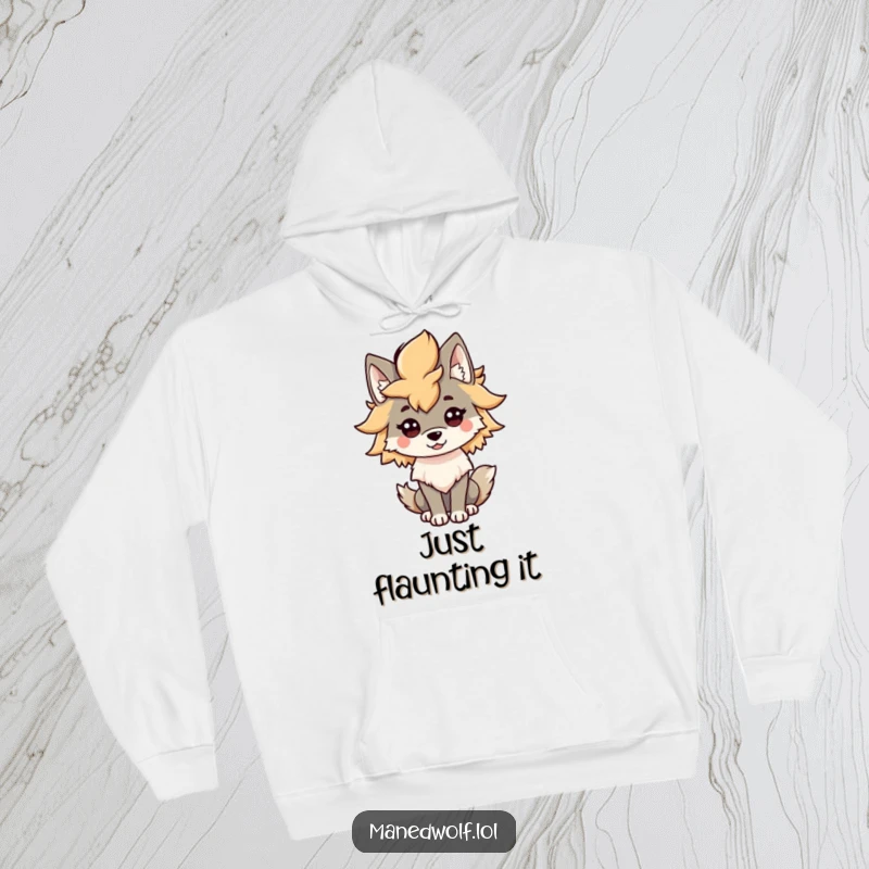 Funny Kawaii Maned Wolf Mane Hoodie: A stylish wolf happily shows off its impressive bushy mane, showcasing a moment of pure, elegant pride.