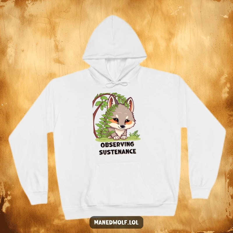 Funny hoodie: a chubby maned wolf peeking curiously from under a fern, offering warmth and playful intrigue.