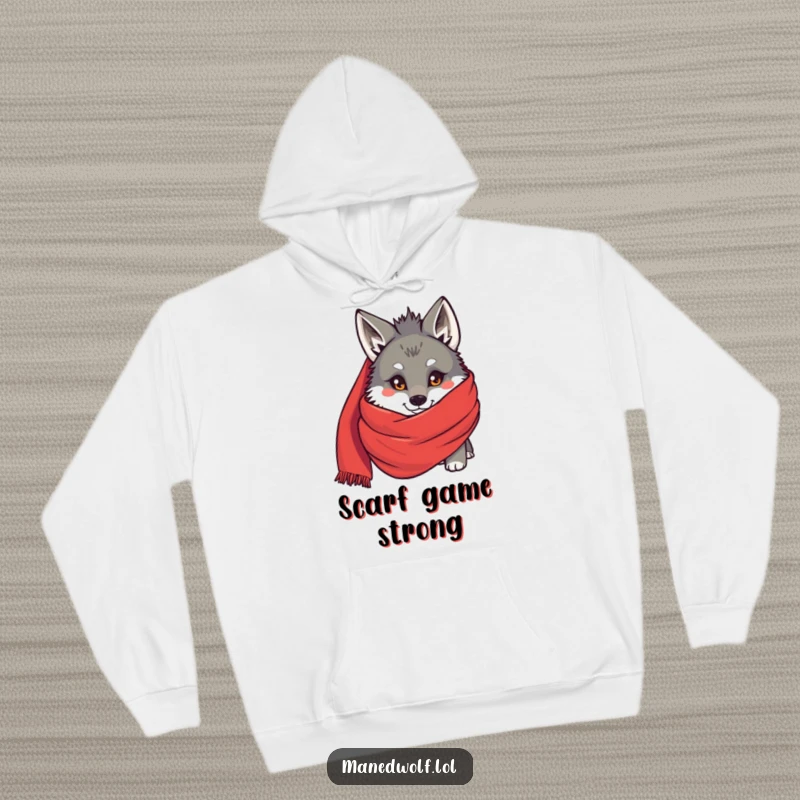 Funny Maned wolf peeking from behind a large red scarf, featured on a cozy hoodie, a symbol of humorous, shy warmth.