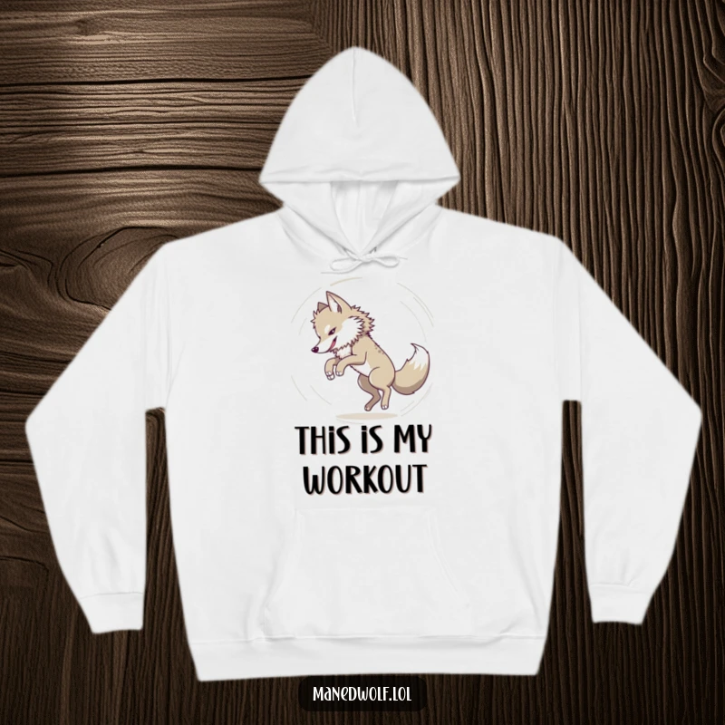 Funny Maned wolf in a dizzying tail-chasing spin, featured on a cozy hoodie, a symbol of playful, circular humor.