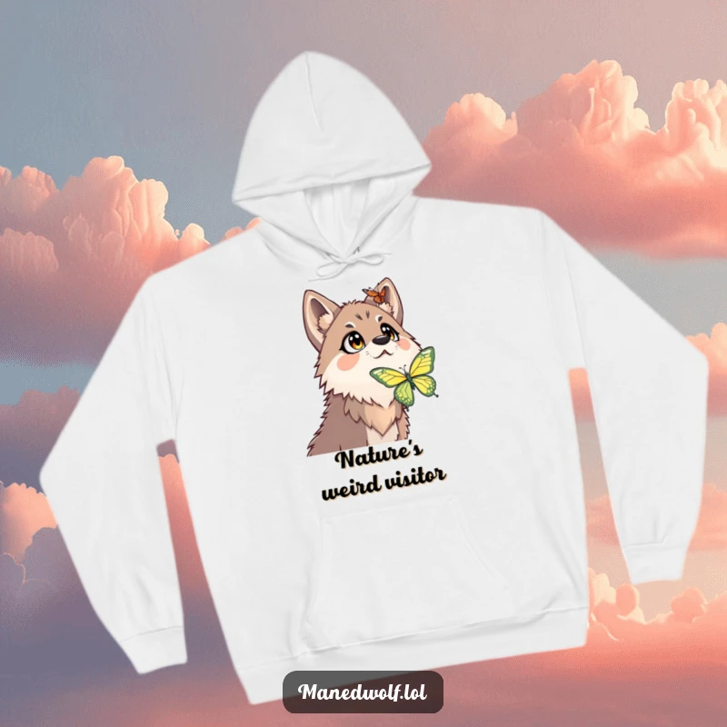 Funny maned wolf hoodie featuring a surprised expression, wide eyes looking up at a descending butterfly.