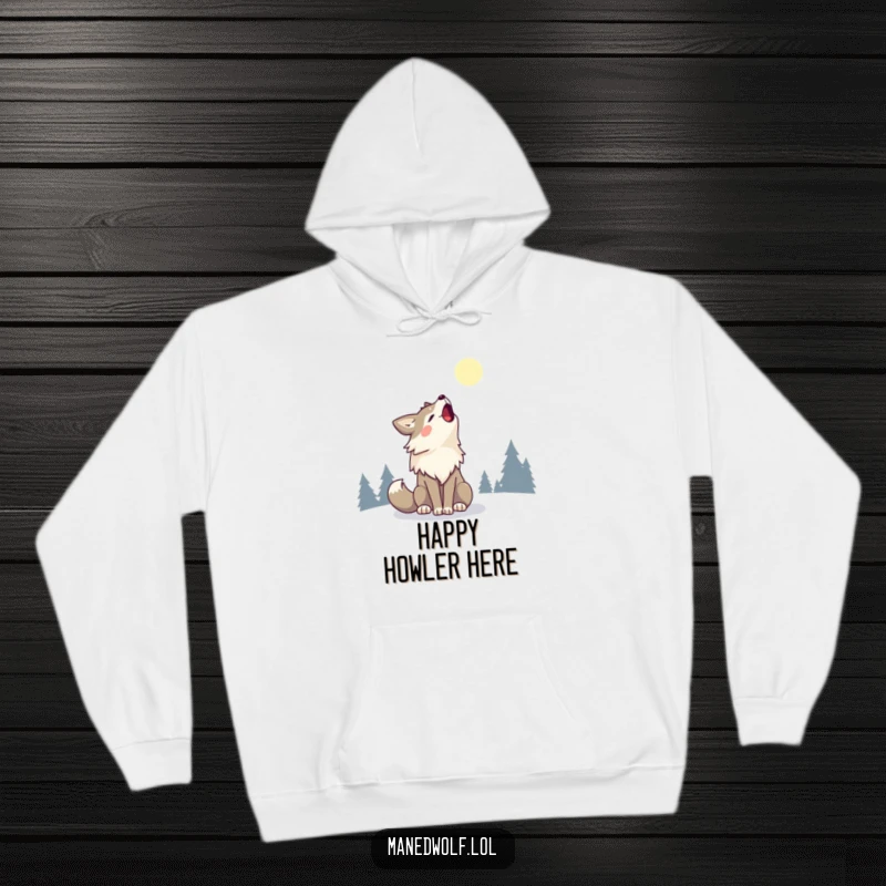 Kawaii Maned Wolf Hoodie featuring a cute maned wolf happily howling at the moon, radiating warmth and humor.