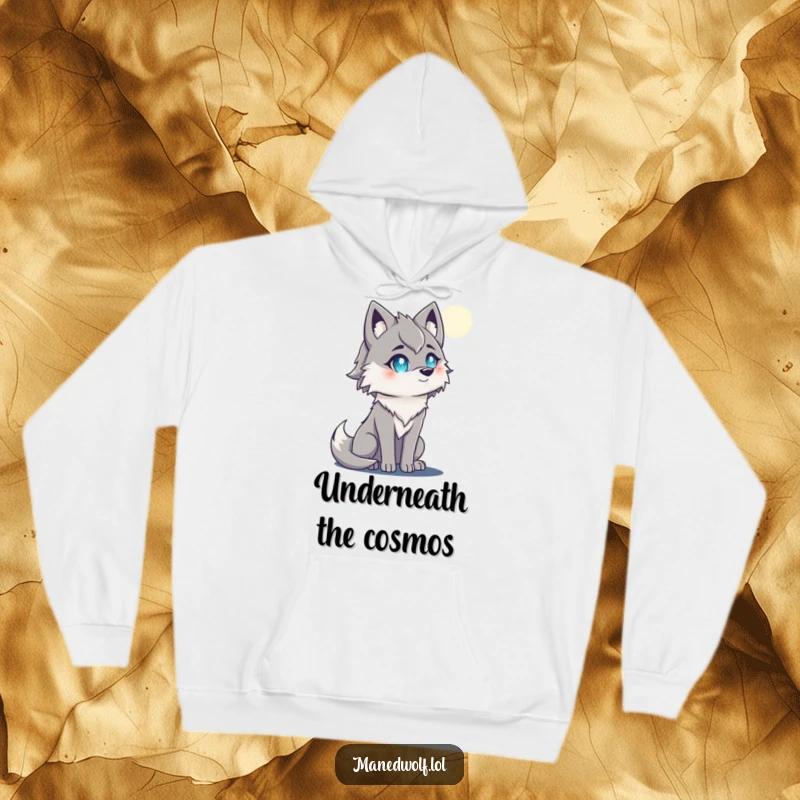 Funny maned wolf hoodie with sparkling eyes looking towards a beautiful moon, perfect for cozy nights.