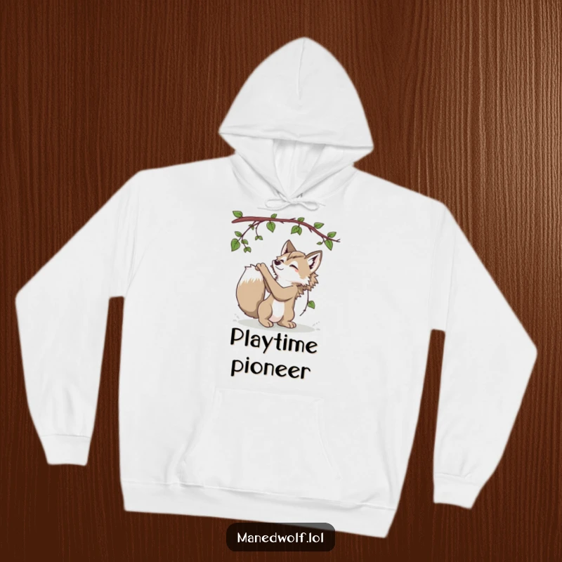 Funny Maned Wolf Hoodie featuring a playful maned wolf batting at a jungle vine, radiating fun and warmth.