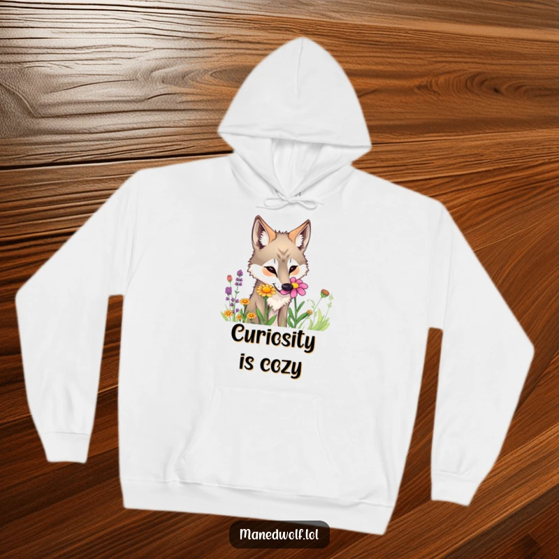 Funny maned wolf hoodie showing a curious wolf sniffing a colorful wildflower with immense interest.