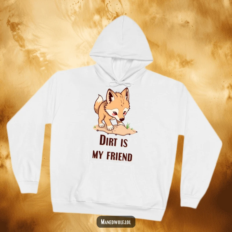 Funny maned wolf hoodie depicting a wolf digging with excitement, offering warmth and a touch of playful energy.