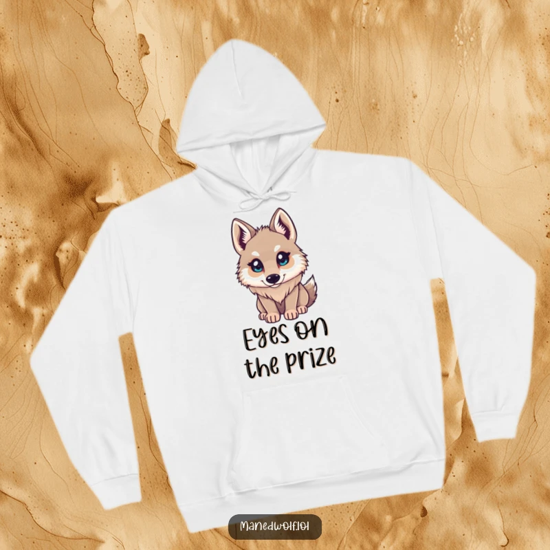 Funny Maned Wolf Hoodie: Small character looking up with bright, curious eyes, symbolizing innocence and wonder, a cozy gift.