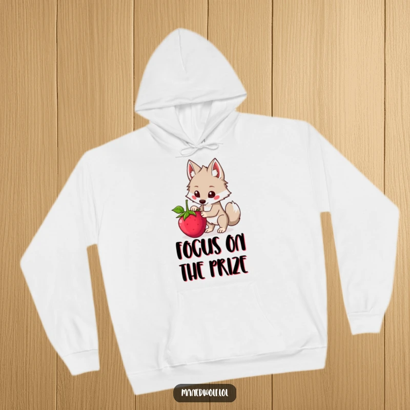 Funny Kawaii Maned Wolf Hoodie depicting a cute wolf trying to balance a large berry, offering warmth and humorous relatability.