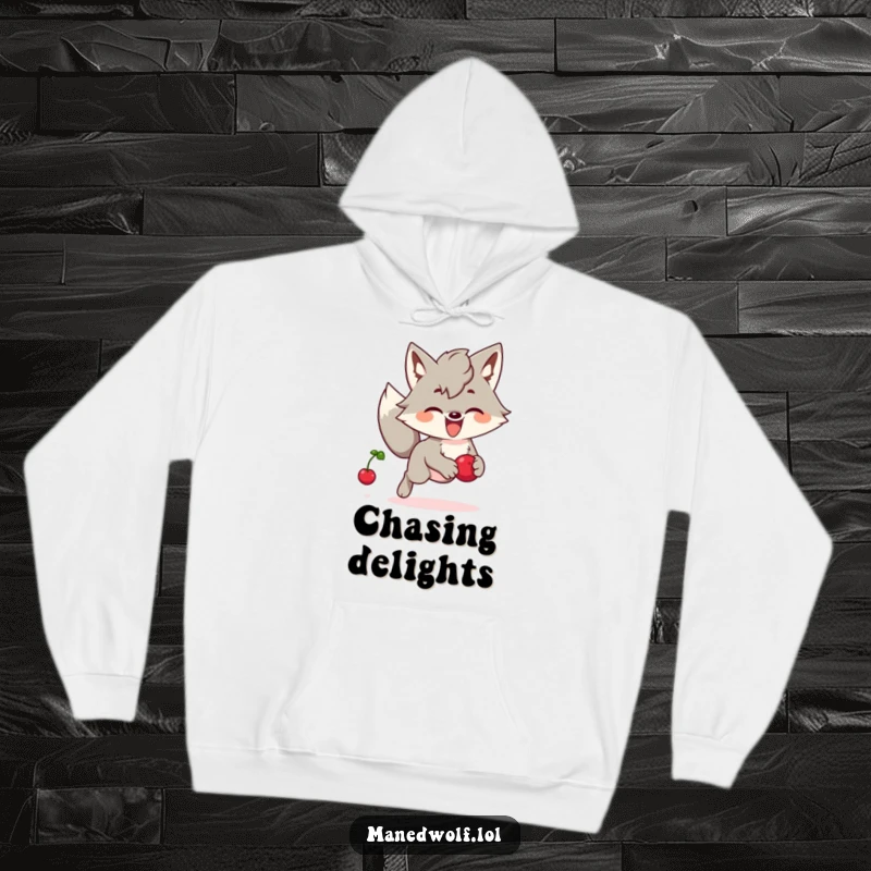 Funny Kawaii Maned Wolf Hoodie: A cute maned wolf joyfully chasing a bouncing berry, perfect for cozy, humorous moments.