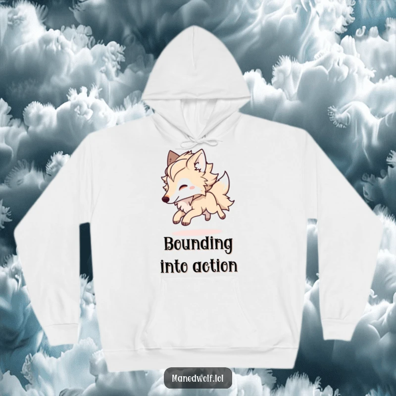 Funny Kawaii Maned Wolf Hoodie featuring a fluffy-maned wolf bounding with playful abandon, perfect for cozy, cheerful wear and laughs.
